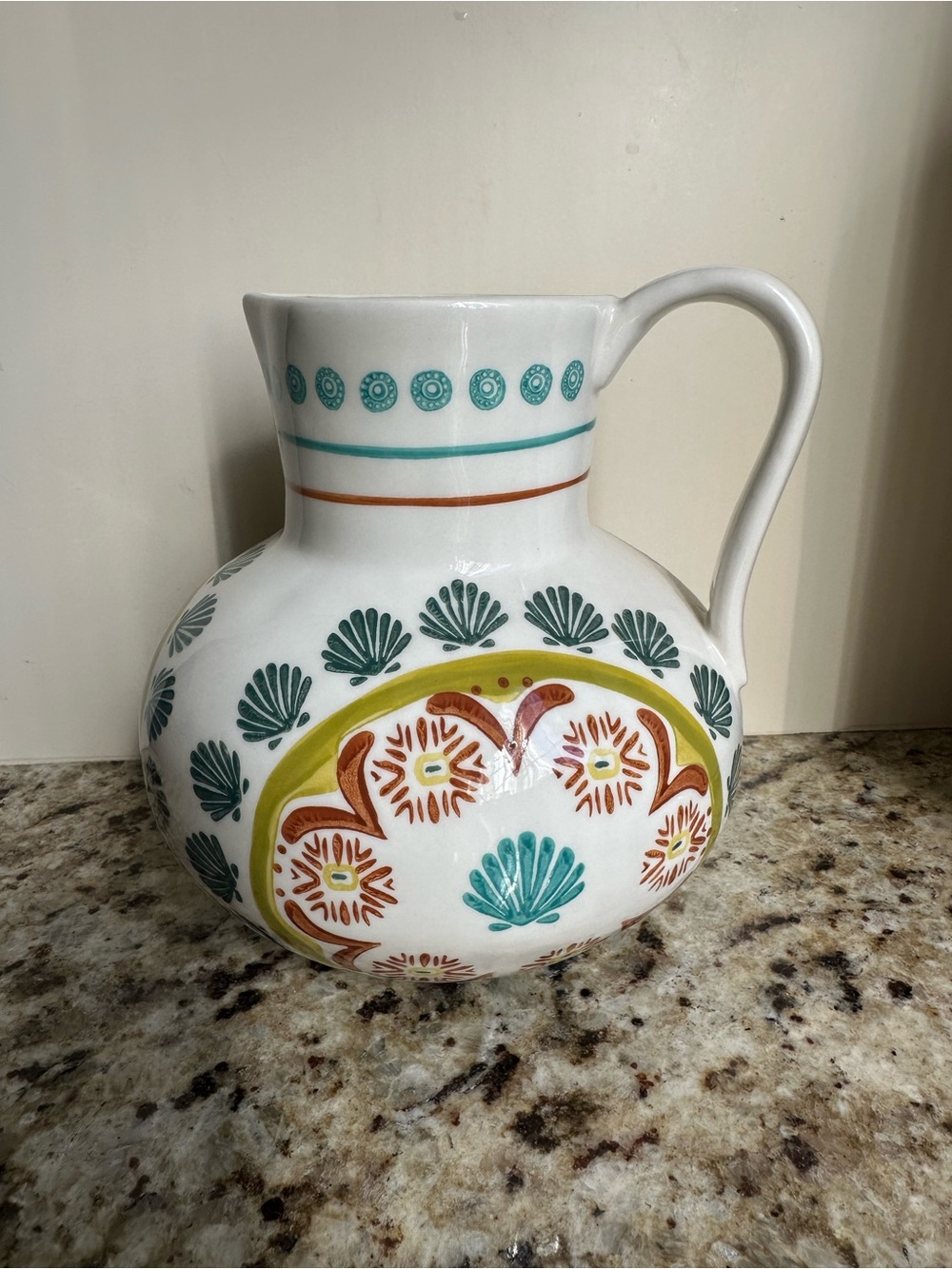 Ceramic Pitcher with Teal and Terracotta Motif